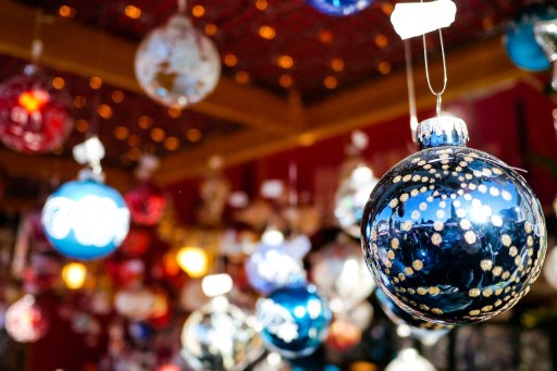 Christmas balls on display in Bolzano's Christmas market.