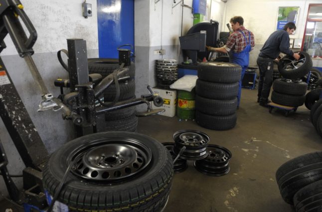 Tires in a garage.