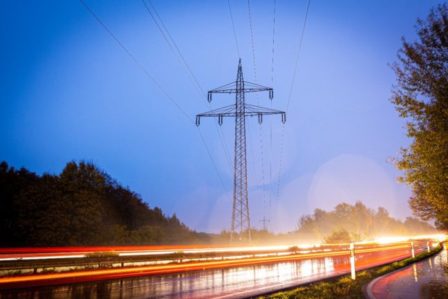 An electricity pylon near a motorway in Lower Saxony. 