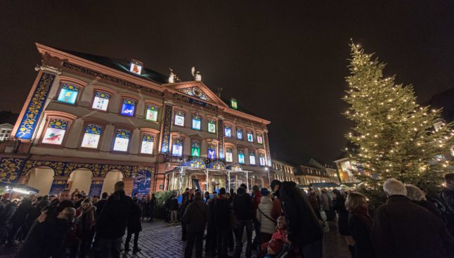 All the windows on the Advent calendar at Gengenbach town hall are illuminated on the evening of December 23rd, 2016.