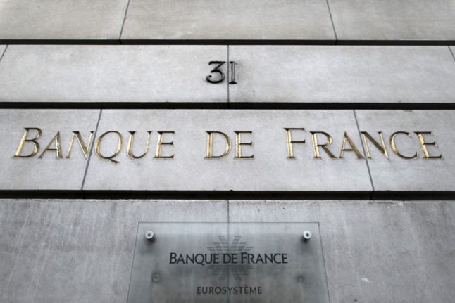 logo of the Banque de France on its building in Paris.