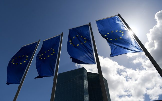 EU flags in Frankfurt banking district