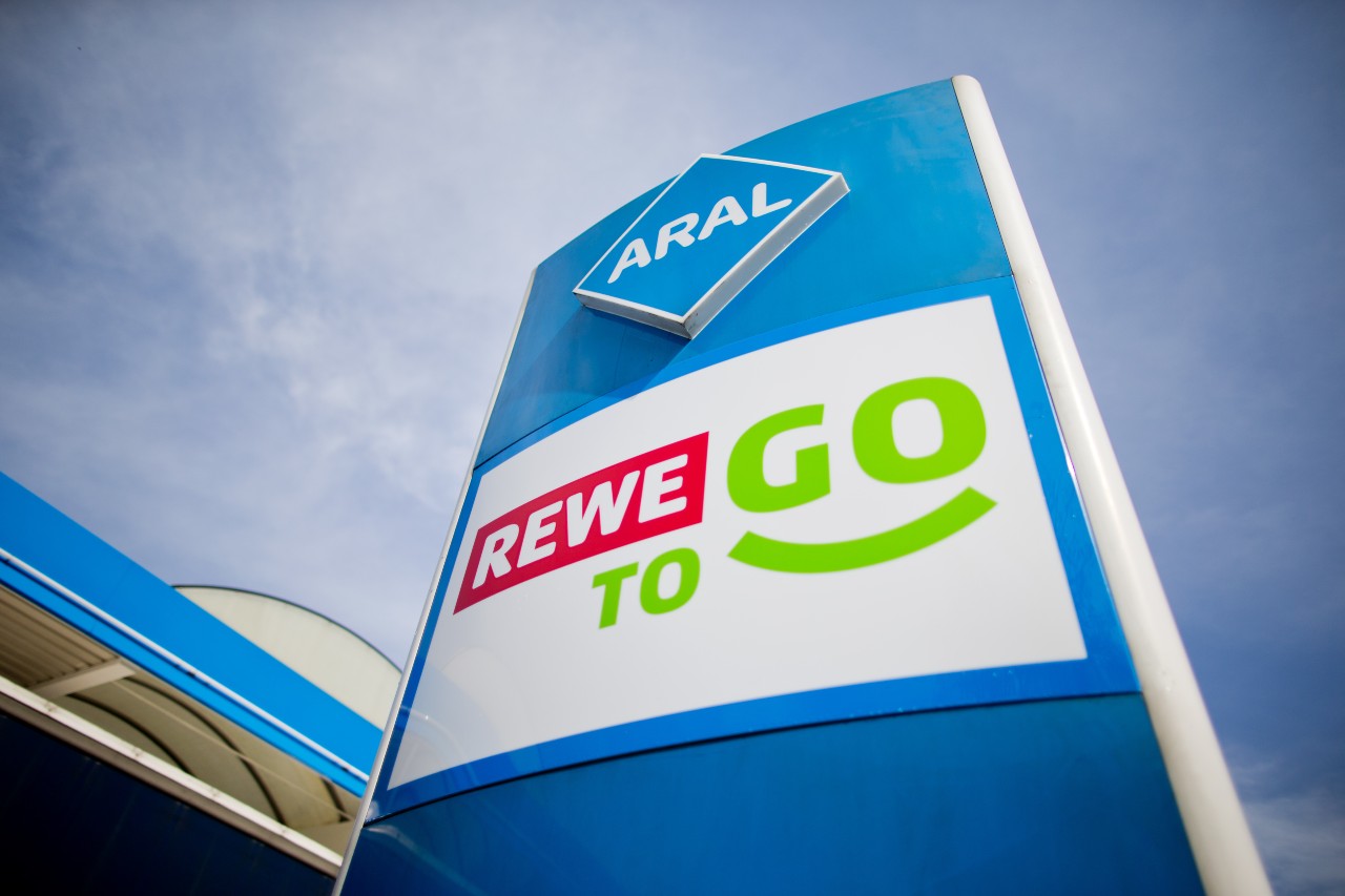 An Aral petrol station with a 'Rewe To Go' sign in Düsseldorf. 