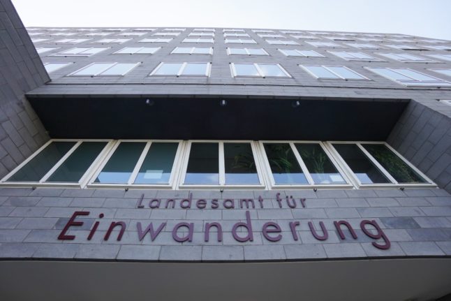 A sign on the State Office for Immigration (LEA) on Friedrich-Krause-Ufer in Berlin.