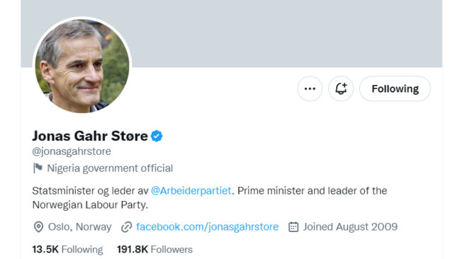 Jonas Gahr Støre's Twitter account. 