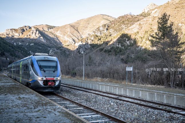 A train from Limone in Italy pulls into the station in Tende, France on December 31, 2021.