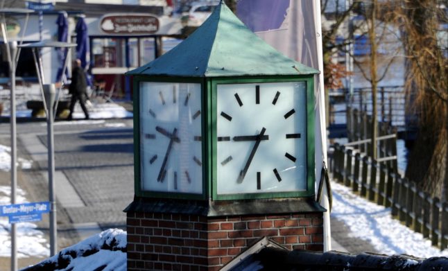 A clock at a train station in Schleswig-Holstein.
