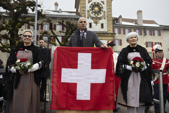 Alain Berset (M), Switzerland's new president, pictured at the presidential election celebration on 15th December 2022