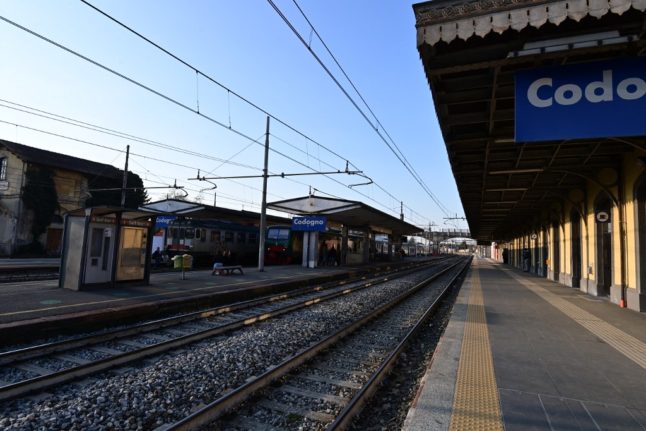 Empty train platform in Codogno, Lombardy