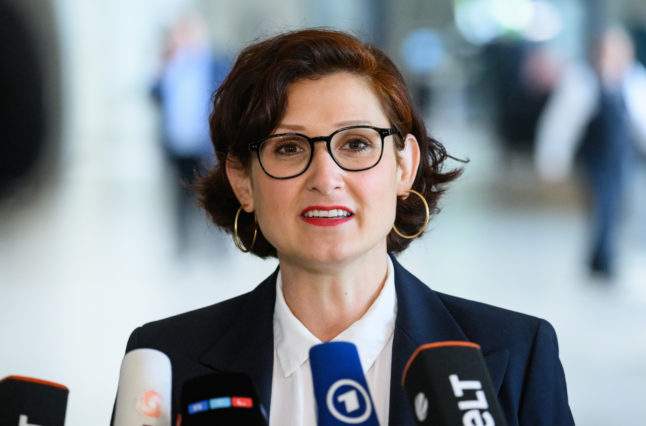 Ferda Ataman speaks to the press after her election as Independent Federal Anti-Discrimination Commissioner in the German Bundestag in July 2022.