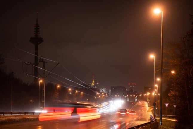 Frankfurt's TV tower in darkness. 