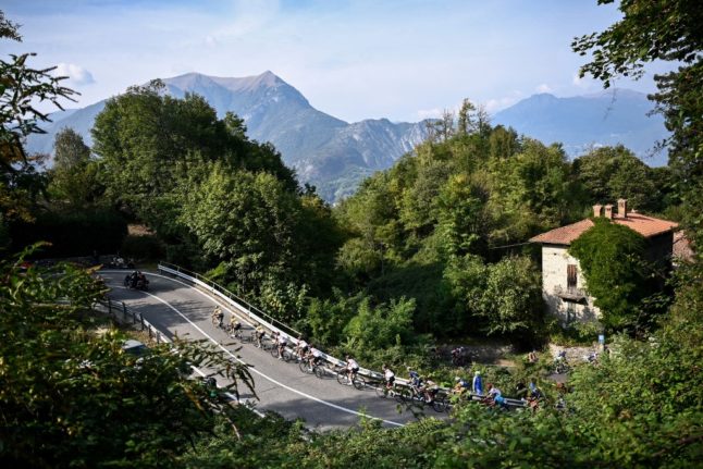 The pack of rides climb during the 116th edition of the Giro di Lombardia (Tour of Lombardy), a 252,42 km cycling race from Bergamo to Como on October 8, 2022.