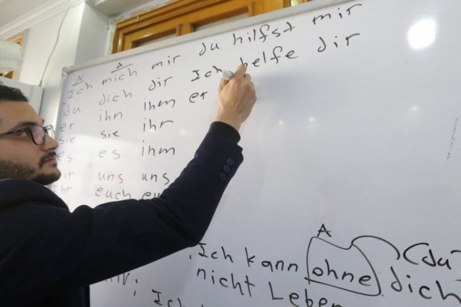 Omar Fattouh teaches a German language class in Damascus on January 24th, 2023.