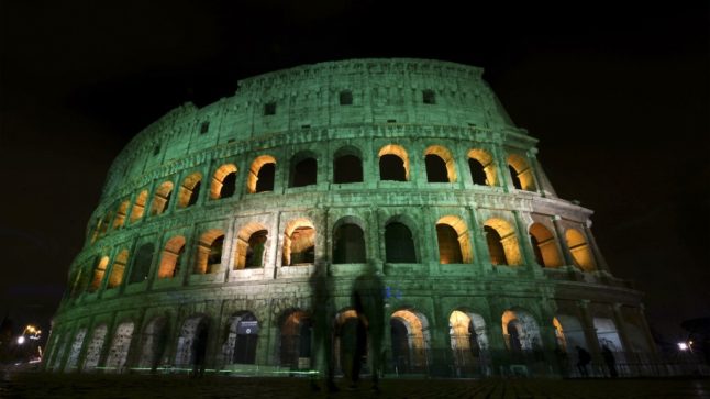The Colosseum illuminated in green for St. Patrick's Day 2017. 