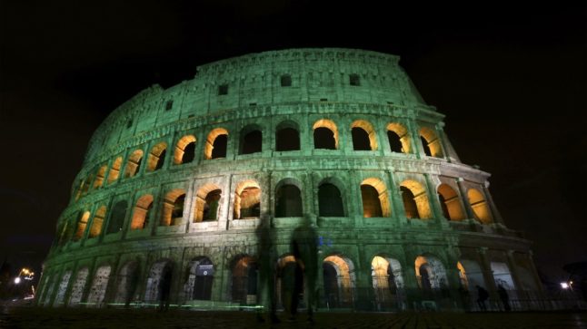 The Colosseum illuminated in green for St. Patrick's Day 2017.