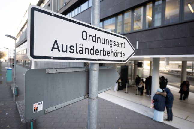 A sign for the immigration office and public order office in Frankfurt.