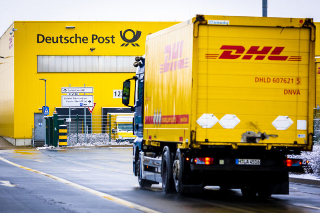 A truck drives onto the premises of the Deutsche Post DHL branch in the Anderten district of Hannover.