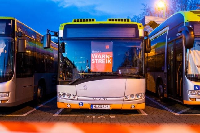 Buses sit in the bus station during a strike in Hannover. 