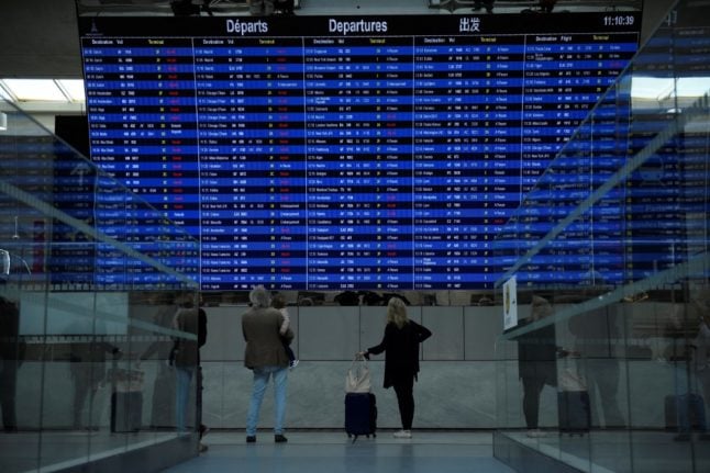 Passengers looking at a departure board at the airport