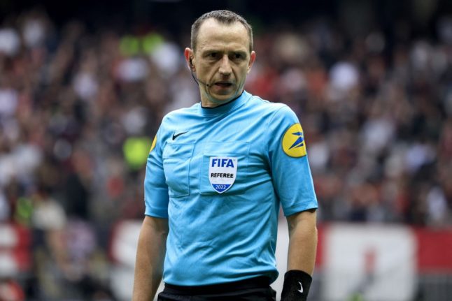 French referee Ruddy Buquet reacts during a football match between OGC Nice and FC Lorient in Nice