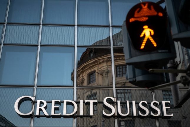 A signs of Swiss bank Credit Suisse is seen in Basel.