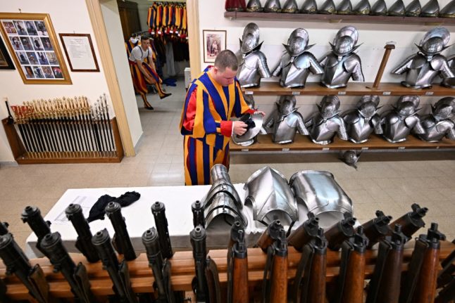 This photo taken on April 26, 2023 shows new Swiss Guards preparing for daily training in the Vatican Armory at the Pontifical Swiss Guard headquarters.