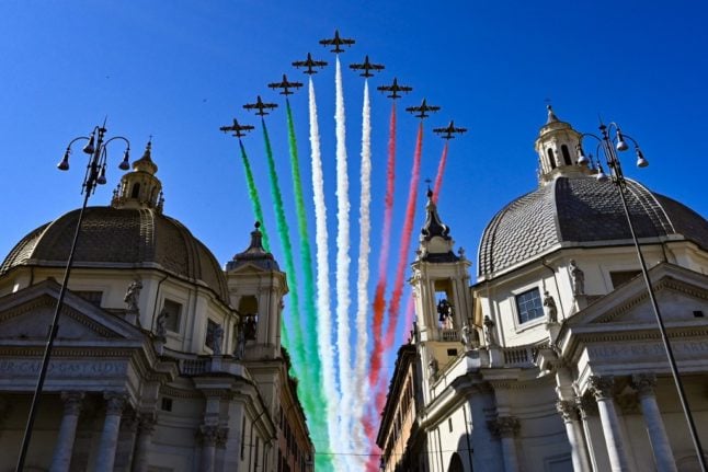 Frecce Tricolori jets fly over Rome