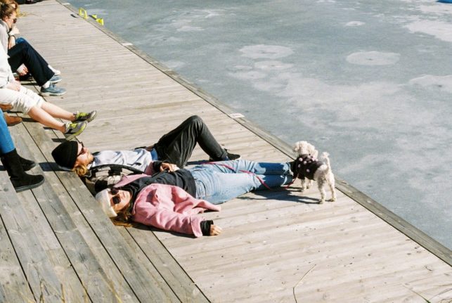 Pictured is a couple with a dog in barcode in Oslo.