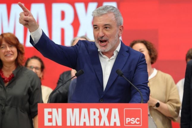 Jaume Collboni is pictured speaking at the party headquarters in Barcelona after Spain's local and regional elections in May 2023.