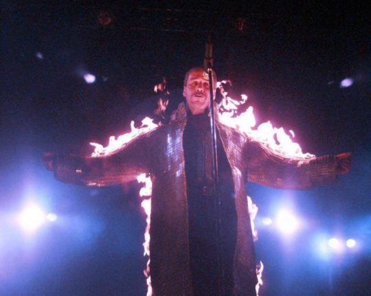 Till Lindemann, singer of German rock band Rammstein, is engulfed in flames as he performs at a Stockholm concert in the 90s.