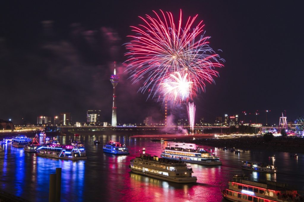 The Rheinkirmes fireworks display can be seen above the Rheinkniebrücke in Düsseldorf in July, 2018.