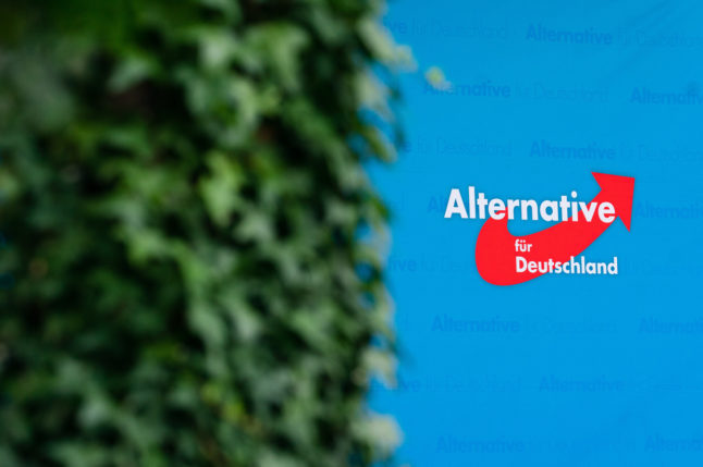 A poster with the logo of the Alternative for Germany (AfD) party is displayed in the town of Abensberg in Bavaria in September, 2022.