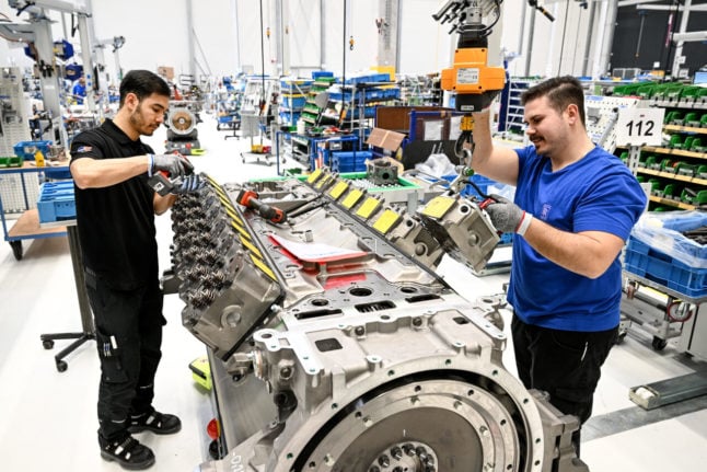 Rolls Royce Power Systems employees assemble MTU Series 2000 engines in Baden-Württemberg.