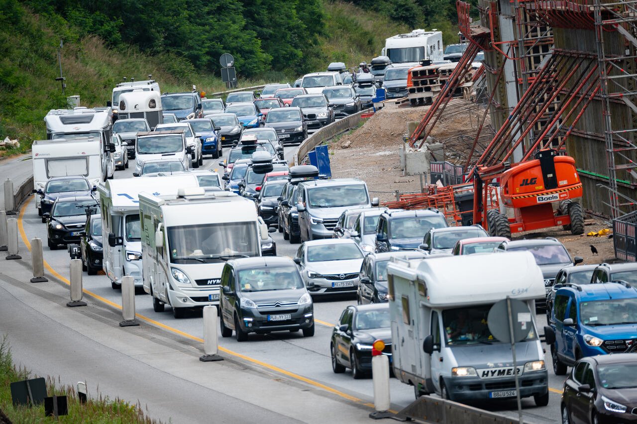 Motorhomes and cars stuck in traffic jams on the southbound 7 motorway near Hamburg on Saturday, July 29th.