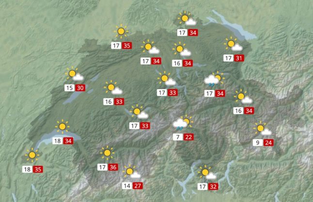 The map shows a view of the temperatures expected in Switzerland on Sunday July 9th. 