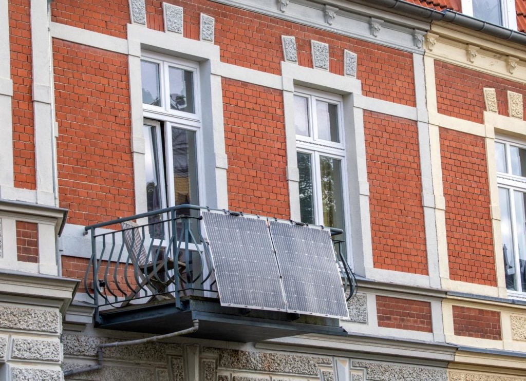 A solar panel installation on a balcony in Schwerin, Mecklenburg Western-Pomerania