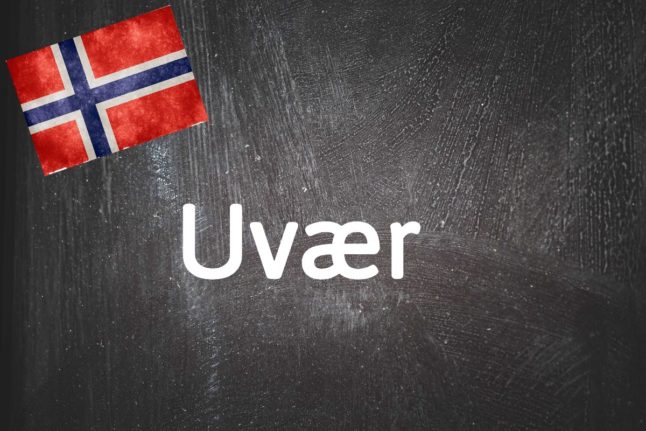 Pictured is the latest Norwegian word of the day, Uvær, on a white board with a Norwegian flag on it.