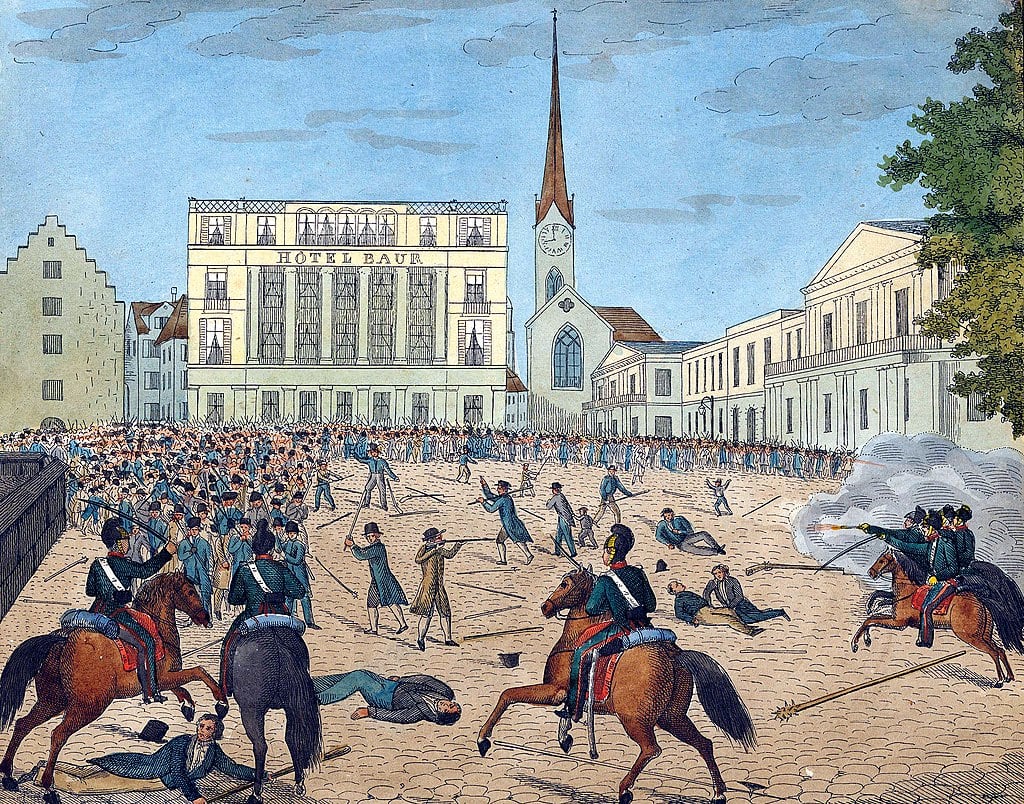 A painting shows fighting during the Züriputsch 1839. 