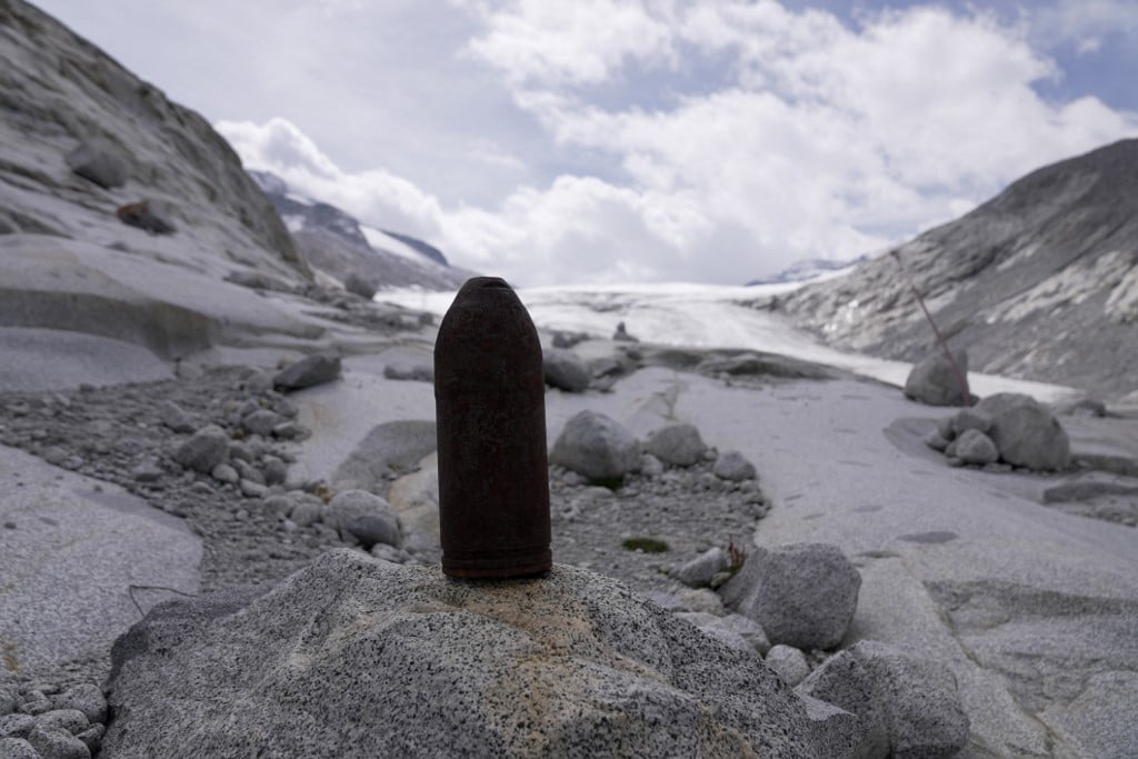 A photograph taken on September 1st, 2023 shows a World War I bullet that re-emerged from the glacier. 