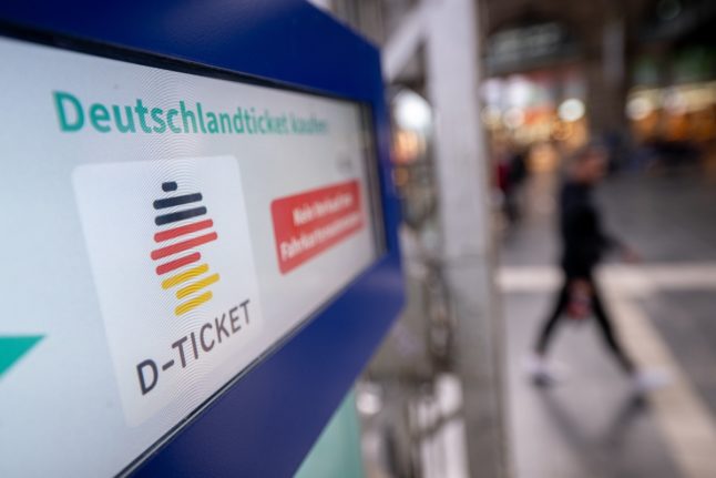 A sign for the €49 'Deutschland' public transport ticket in Frankfurt.