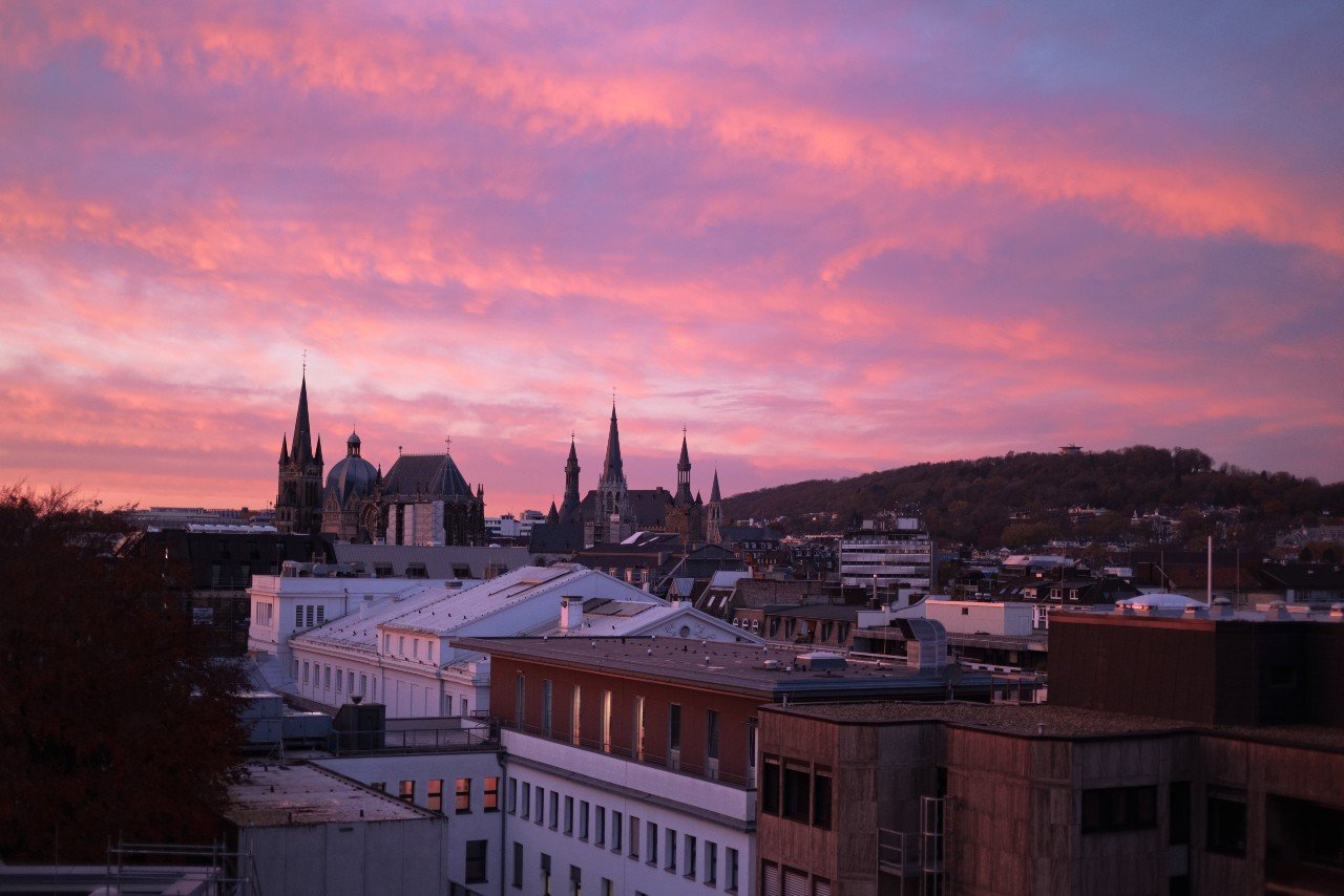 Aachen's historic city centre at sunset. 