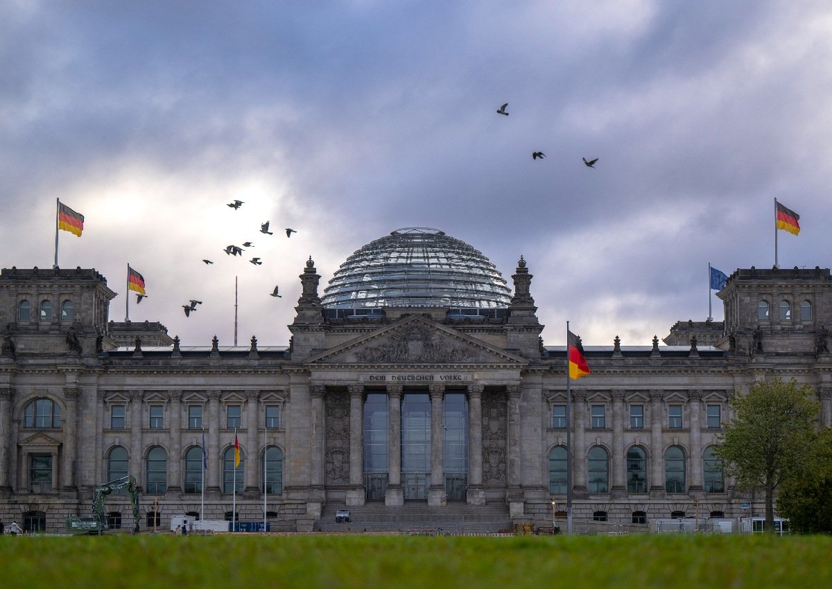A view of the German Reichstag, the seat of the Bundestag, on German Unity Day 2022.