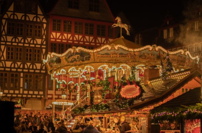 A historic carousel at the Frankfurt Christmas Market in Germany.