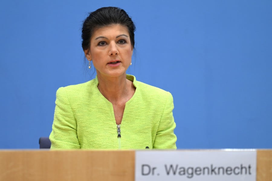 Sahra Wagenknecht (Die Linke) speaking at a press conference.