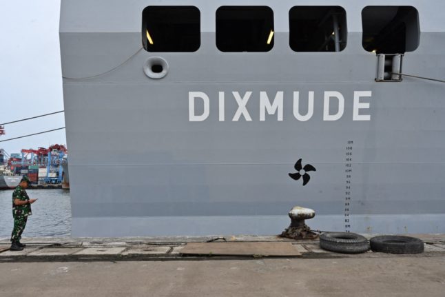 A French LHD Dixmude military ship pictured in Jakarta in March 2023