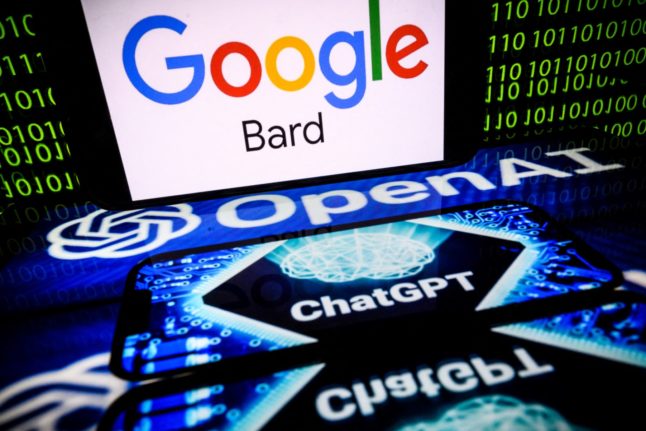 This photo shows a screen displaying the logo of Bard AI, a conversational AI software application developed by Google and ChatGPT.