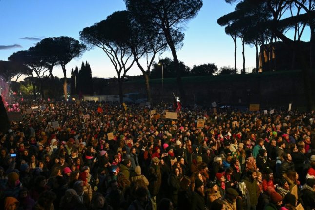 People attend a rally in Rome on the international day for the elimination of violence against women in Rome, on November 25, 2023.