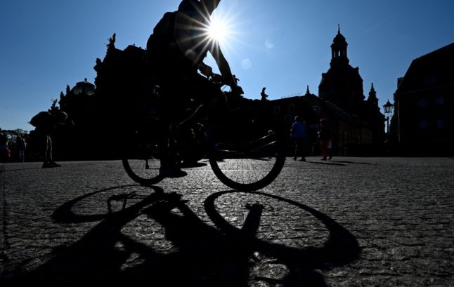 A cyclist in Dresden. The Day of Prayer and Repentance is a holiday in Saxony.