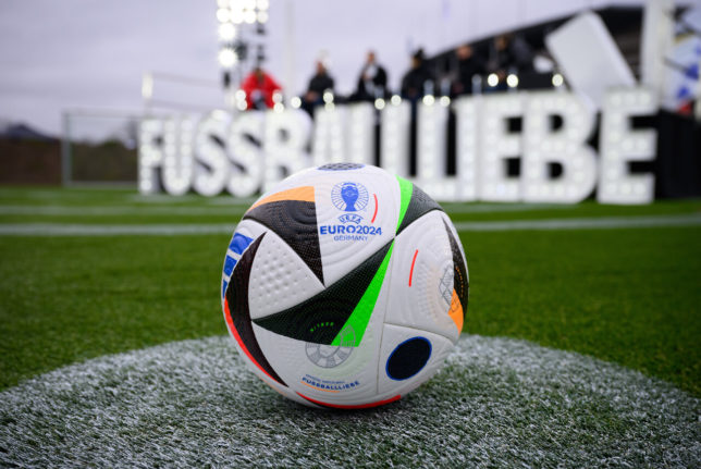A EURO 2024 football on the pitch in Berlin.