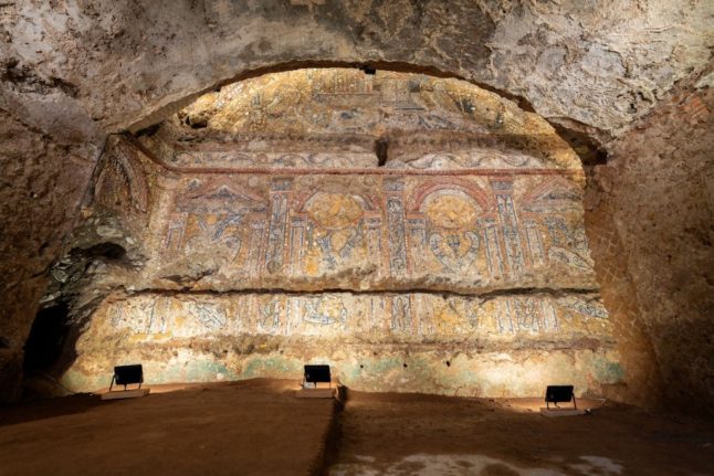Mosaics uncovered in a luxurious Roman home near the Colosseum in December 2023.
